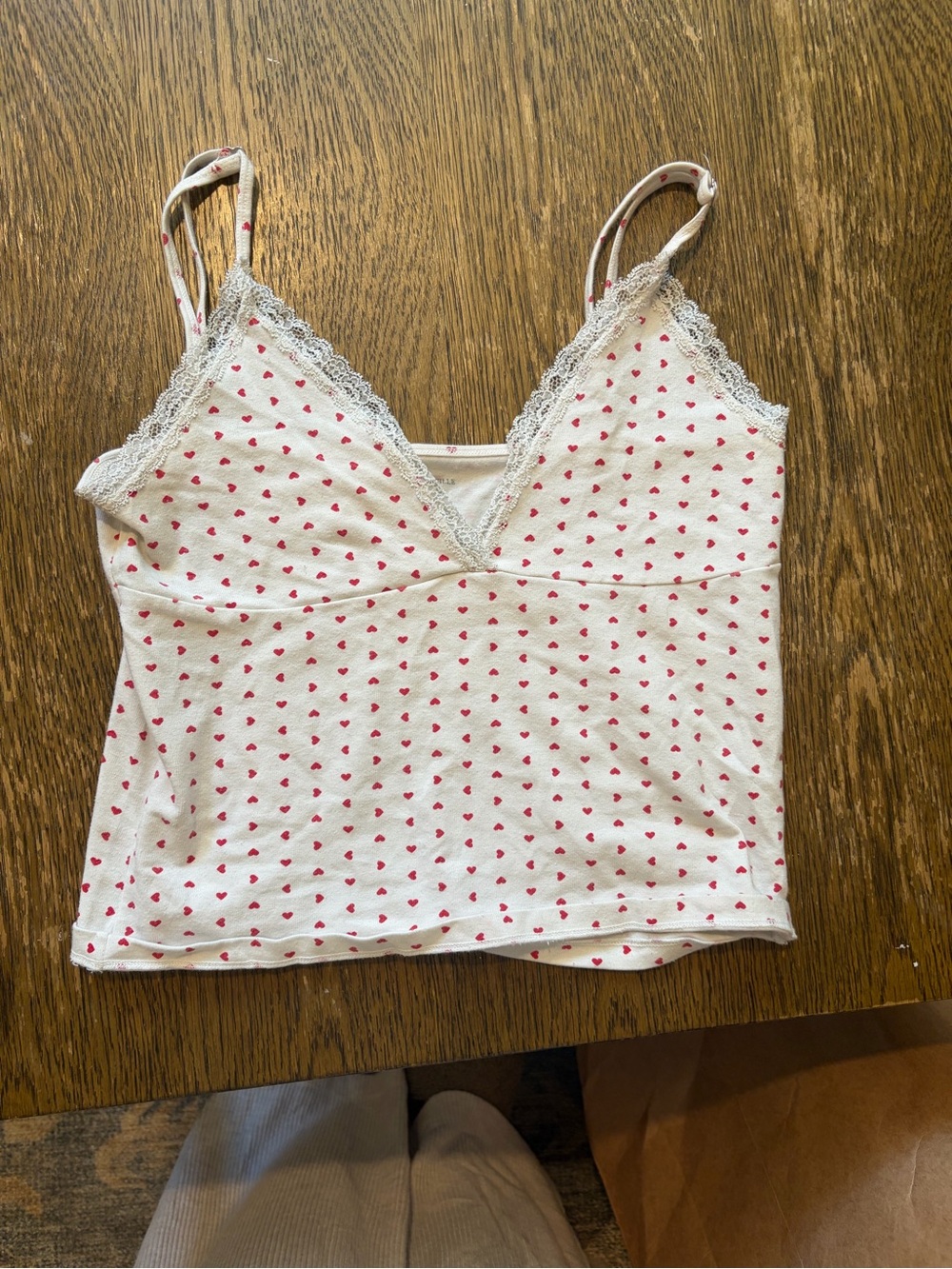 Brandy Melville White Cami with Red Heart Print and Lace Trim